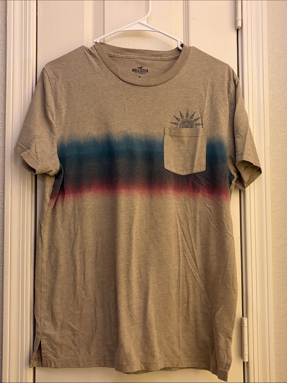 Hollister Tan Short-Sleeve Tee with Blue and Red Chest Stripe and Pocket